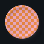 Chequered Orange and Pink Paper Plate<br><div class="desc">Abstract digital art of orange and pink squares in a chequered formation.</div>