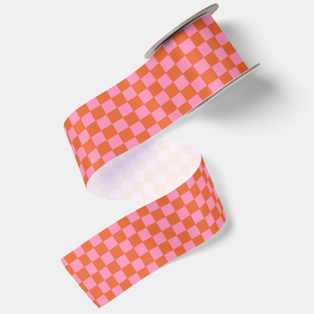 Chequered Orange and Pink  Satin Ribbon (Front+Back)