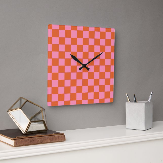 Chequered Orange and Pink  Square Wall Clock (Office)