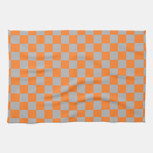Chequered Orange and Silver Kitchen Towel (Horizontal)