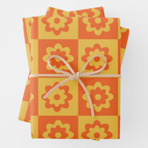 Chequered Orange and Yellow Retro Flowers pattern  Wrapping Paper Sheet