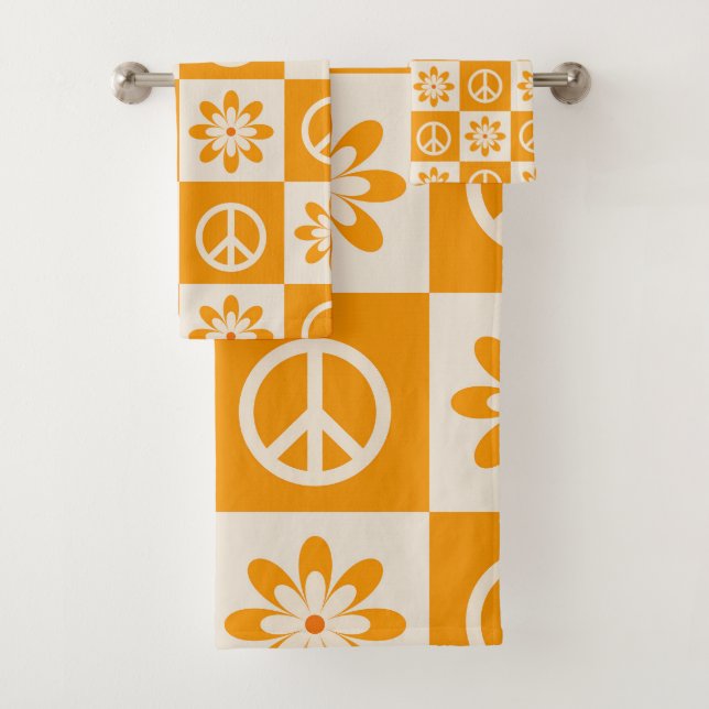 Chequered Orange Groovy Flowers and Peace Signs  Bath Towel Set (Insitu)