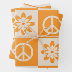 Chequered Orange Groovy Flowers and Peace Signs  Wrapping Paper Sheet