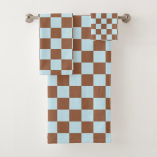 Chequered Pastel Blue and Brown Bath Towel Set