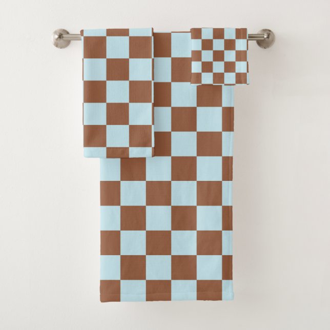 Chequered Pastel Blue and Brown Bath Towel Set (Insitu)