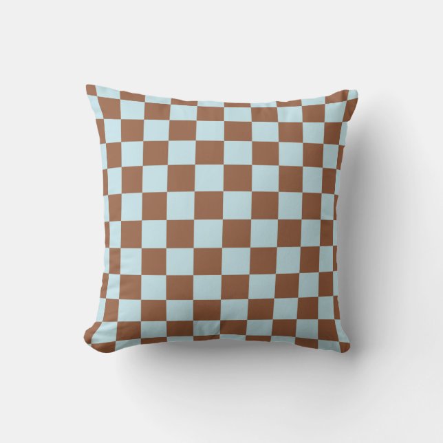 Chequered Pastel Blue and Brown Throw Pillow (Front)