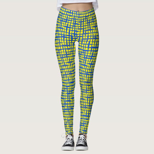 Chequered pattern 01 Blue.b BYellow BG Leggings (Front)