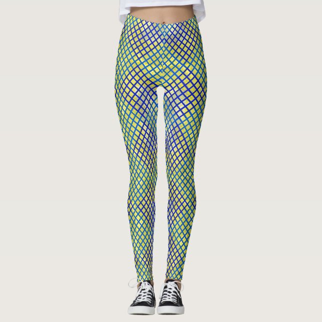 Chequered pattern diagonal Blue 02.w Byellow BG Leggings (Front)
