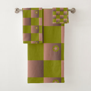 Chequered pattern in brown and olive green bath towel set