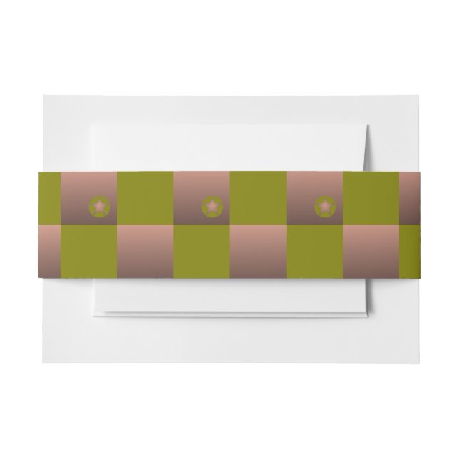 Chequered pattern in brown and olive green invitation belly band (Front Example)