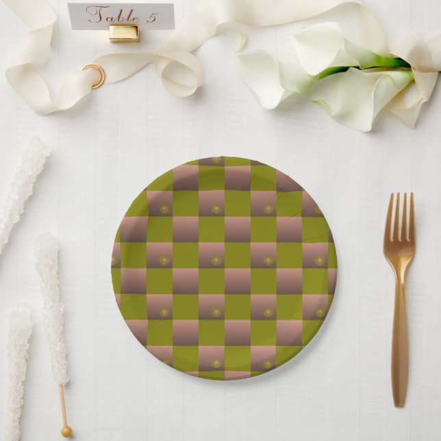 Chequered pattern in brown and olive green paper plate (Wedding)