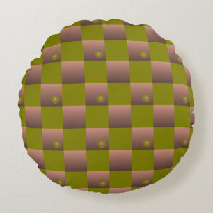 Chequered pattern in brown and olive green round pillow