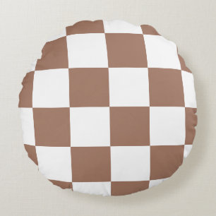 Chequered Pattern in White and Mocha Mousse Round Pillow