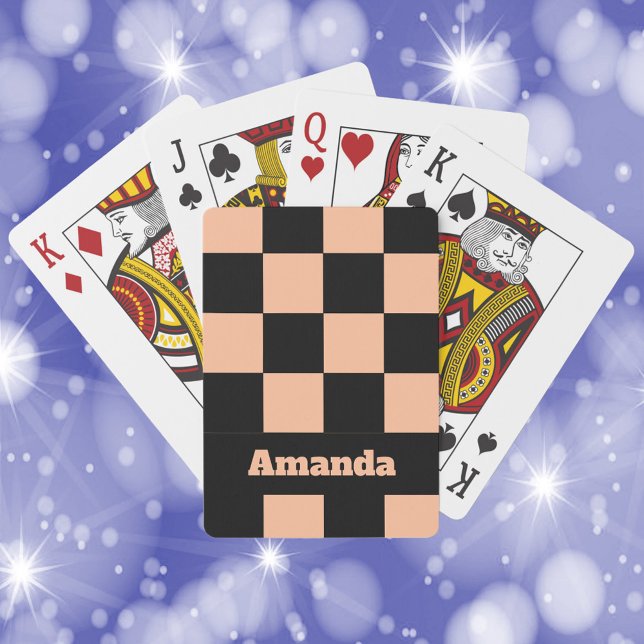 Chequered Pattern Personalize Peach and Black Playing Cards (A deck of cards with a fun peach and black checkerboard pattern.  The text can be personalized!)