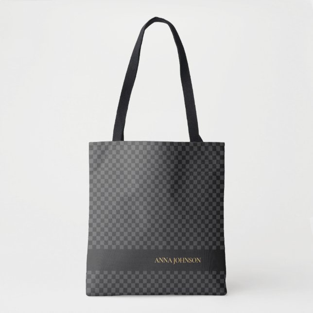 Chequered Pattern Personalized Name Tote Bag (Front)