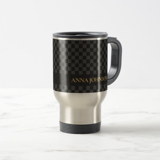 Chequered Pattern Personalized Name Travel Mug (Front Right)