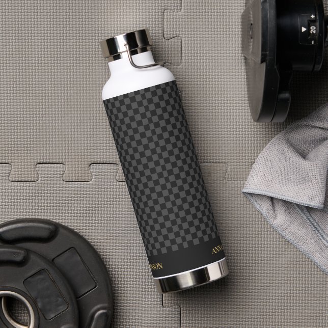 Chequered Pattern Personalized Name Water Bottle (Gym)