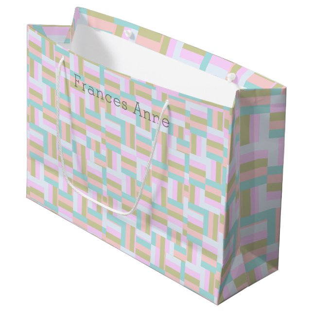 Chequered Pattern Pink/Blue-Green/Gold/White Large Gift Bag (Front Angled)