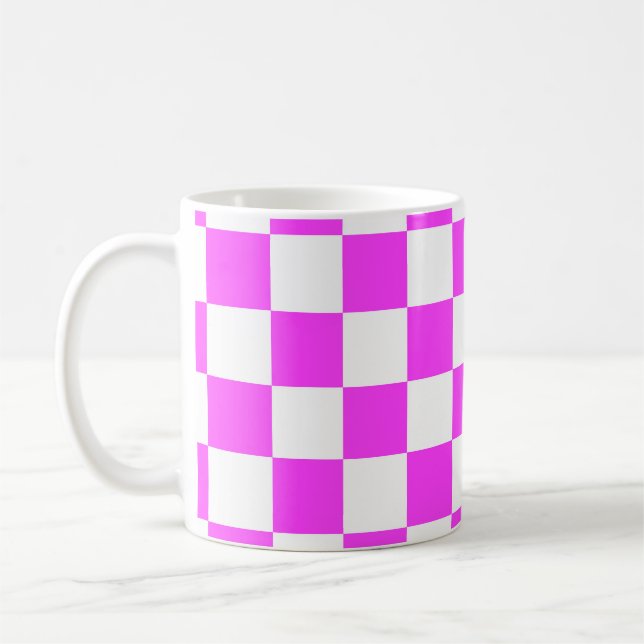 Chequered pattern tile background. White and Pinka Coffee Mug (Left)