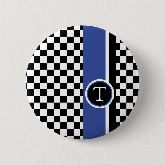 chequered pattern with blue stripe 2 inch round button (Front)