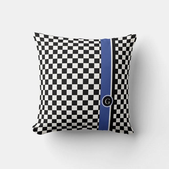 chequered pattern with blue stripe throw pillow (Front)