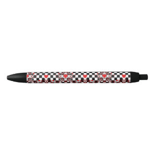 Chequered Pattern With Red Hearts & Shapes Black Ink Pen