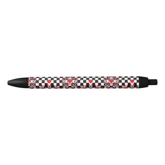 Chequered Pattern With Red Hearts & Shapes Black Ink Pen (Front)
