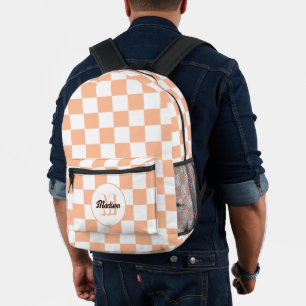 Chequered peach and white geometric retro Monogram Printed Backpack
