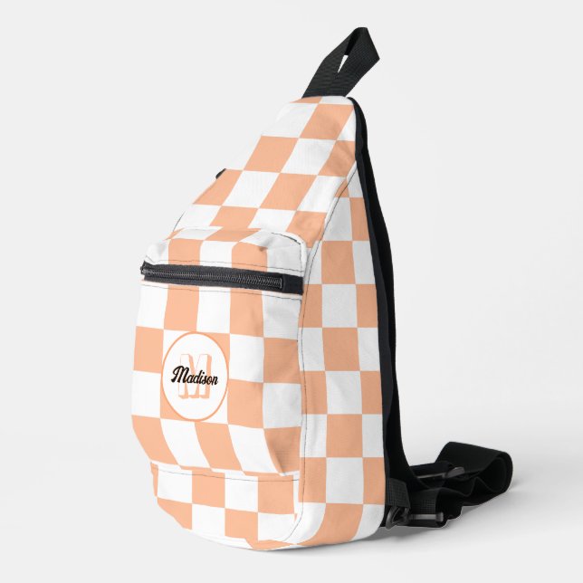 Chequered peach and white geometric retro Monogram Sling Bag (Right Corner)