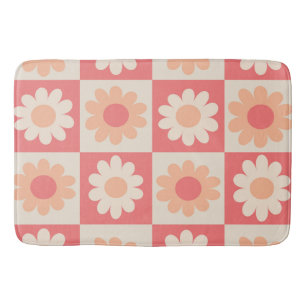 Chequered Peach Fuzz Retro Flowers Pattern  Bath Mat
