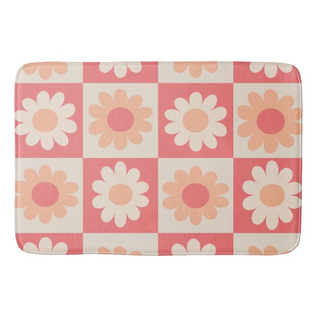 Chequered Peach Fuzz Retro Flowers Pattern  Bath Mat (Front)