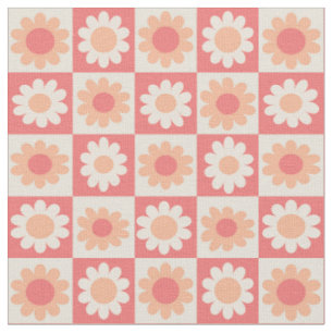 Chequered Peach Fuzz Retro Flowers Pattern Fabric