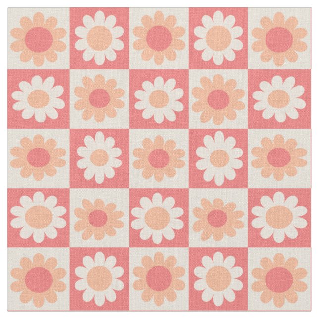 Chequered Peach Fuzz Retro Flowers Pattern Fabric (Close Up)