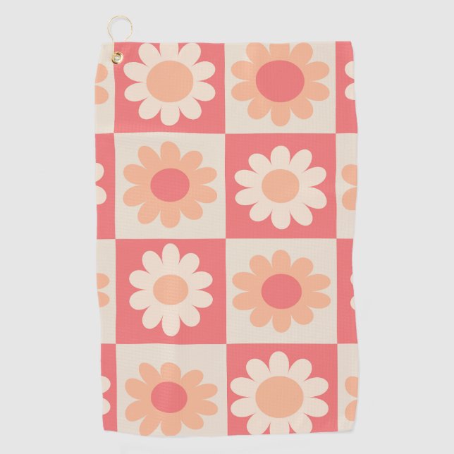 Chequered Peach Fuzz Retro Flowers Pattern  Golf Towel (Front)