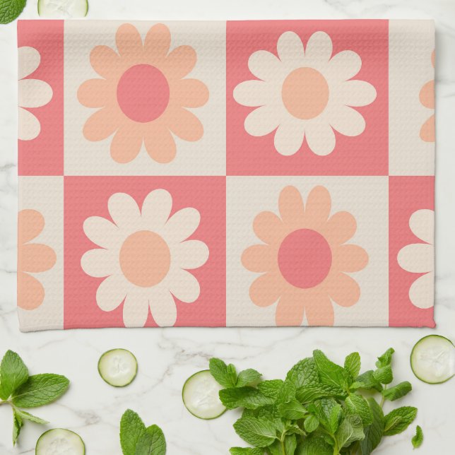 Chequered Peach Fuzz Retro Flowers Pattern  Kitchen Towel (Folded)