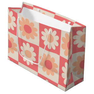 Chequered Peach Fuzz Retro Flowers Pattern  Large Gift Bag