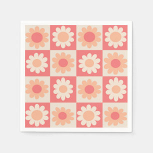 Chequered Peach Fuzz Retro Flowers Pattern Napkin