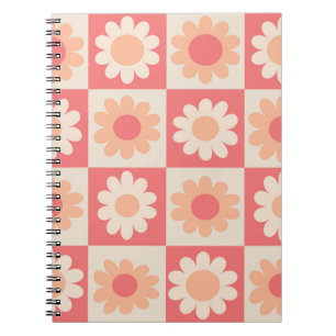 Chequered Peach Fuzz Retro Flowers Pattern Notebook