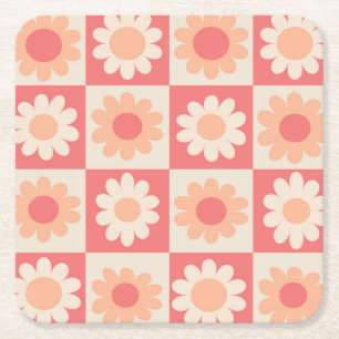 Chequered Peach Fuzz Retro Flowers Pattern Square Paper Coaster