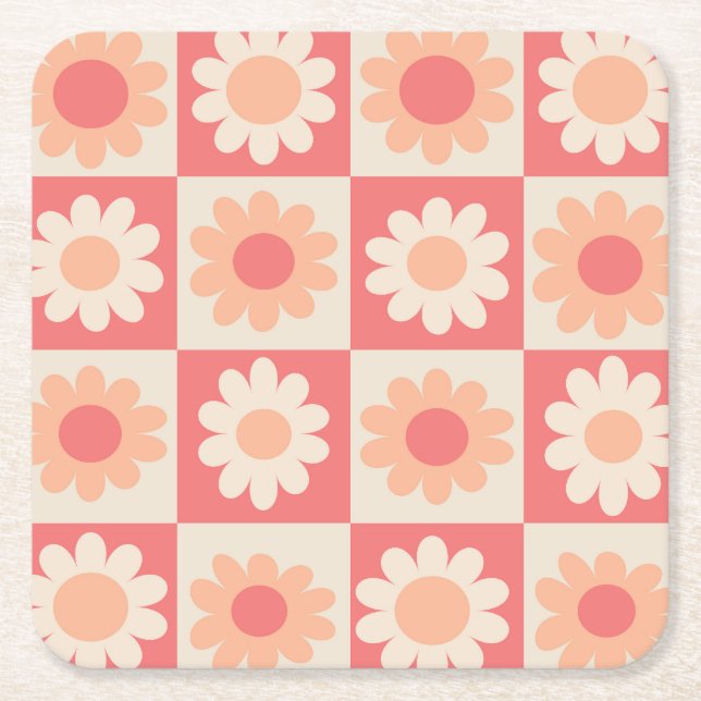 Chequered Peach Fuzz Retro Flowers Pattern  Square Paper Coaster (Front)