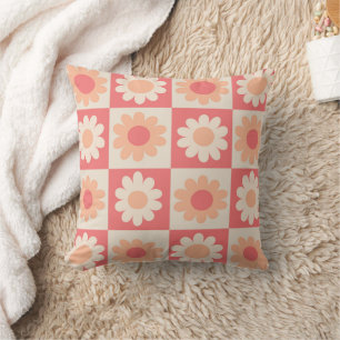 Chequered Peach Fuzz Retro Flowers Pattern  Throw Pillow