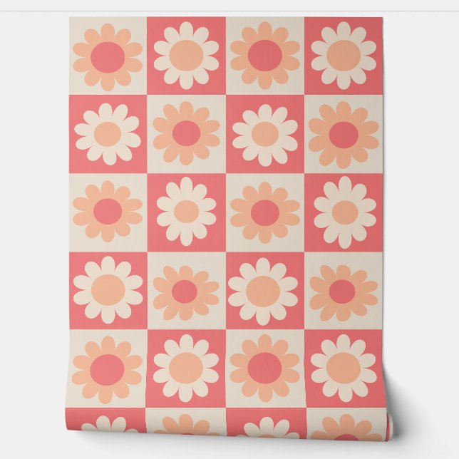 Chequered Peach Fuzz Retro Flowers Pattern Wallpaper (Unrolling)