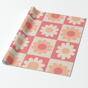 Chequered Peach Fuzz Retro Flowers Pattern  Wrapping Paper