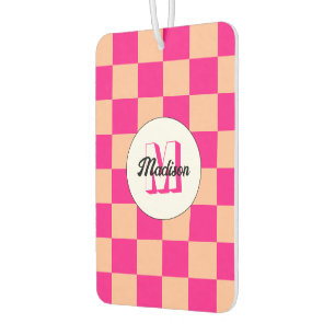 Chequered peach hot pink geometric retro Monogram Air Freshener
