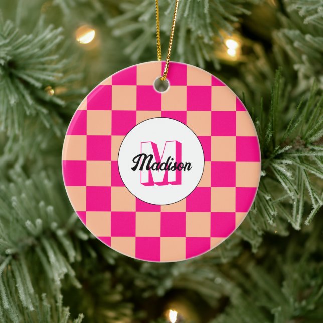 Chequered peach hot pink geometric retro Monogram Ceramic Ornament (Tree)