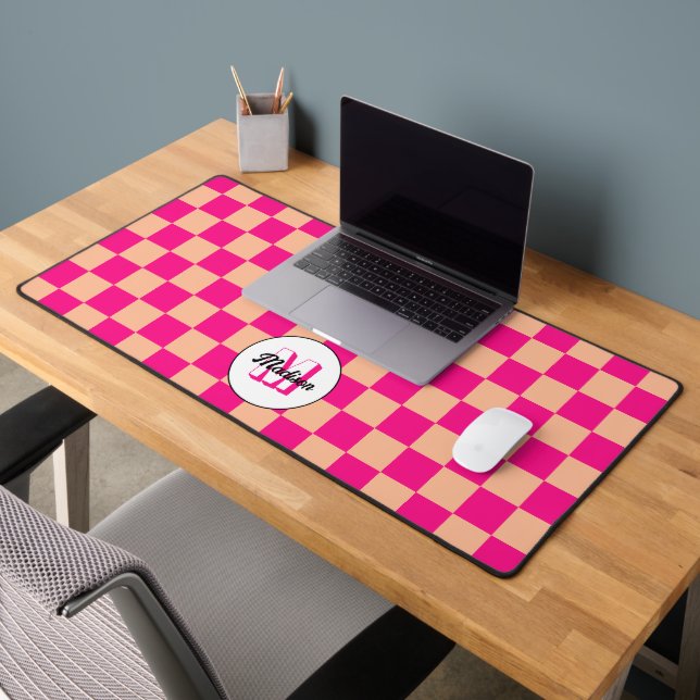 Chequered peach hot pink geometric retro Monogram Desk Mat (Office 2)