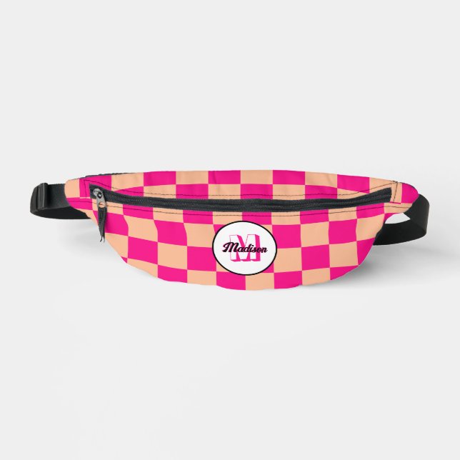 Chequered Peach hot pink geometric retro Monogram Fanny Pack (Front)