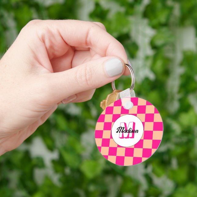Chequered peach hot pink geometric retro Monogram Keychain (Hand)