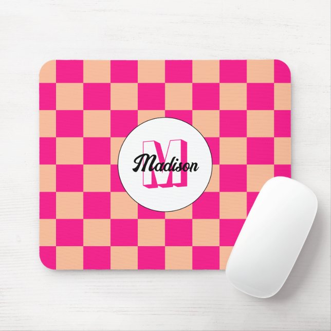 Chequered peach hot pink geometric retro Monogram Mouse Pad (With Mouse)