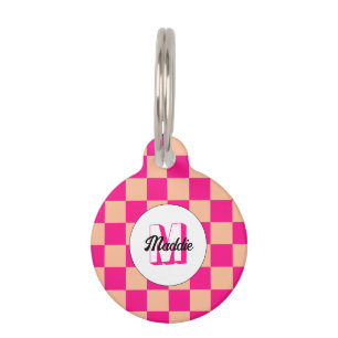 Chequered peach hot pink geometric retro Monogram Pet Tag